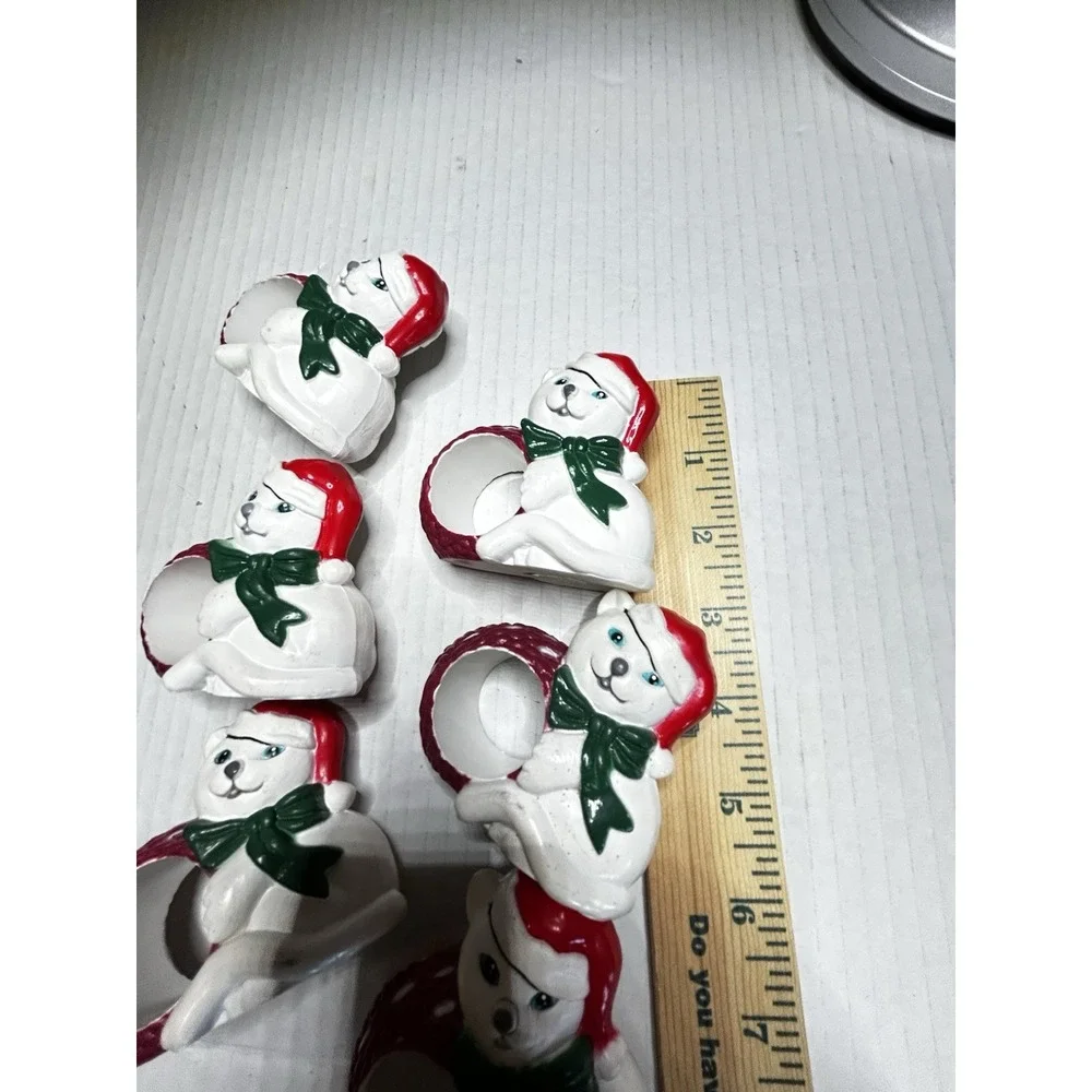 Hand Painted Ceramic Polar Bear Christmas Napkin Rings, Set of 6 White Red Green